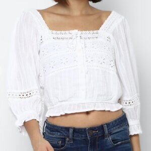 American Eagle White Lace Puff Sleeve Blouse